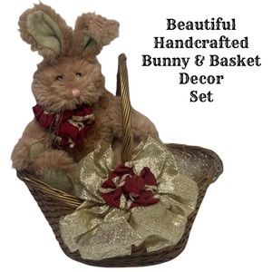 Handcrafted Basket Victorian Bunny Set Shabby Chic Farmhouse Vintage Cottage Tan
